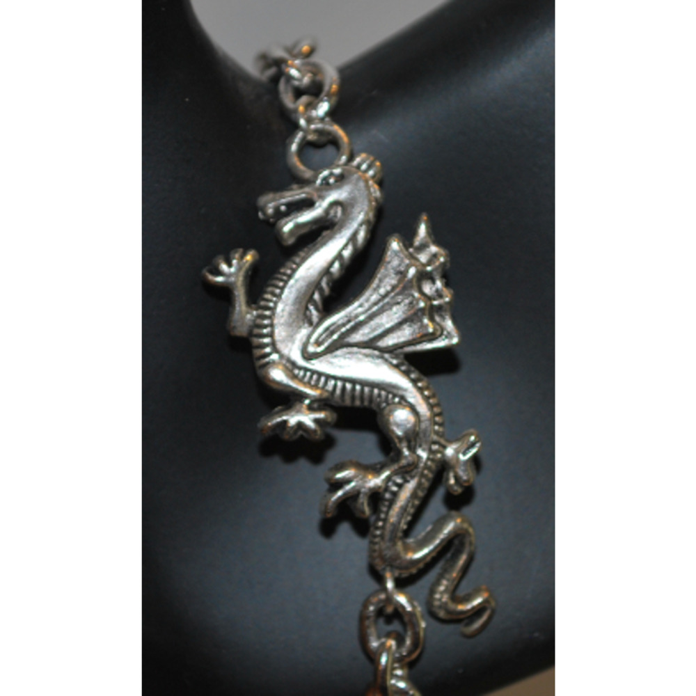 Dragon Charm Bracelet with 3/8" Width Chain & Faceted Red Crystalc Bead